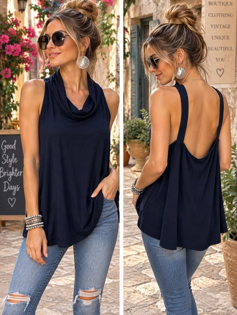 Free People Navy Cowl Neck Open Back Flowy Tunic Top M Boho Minimalist